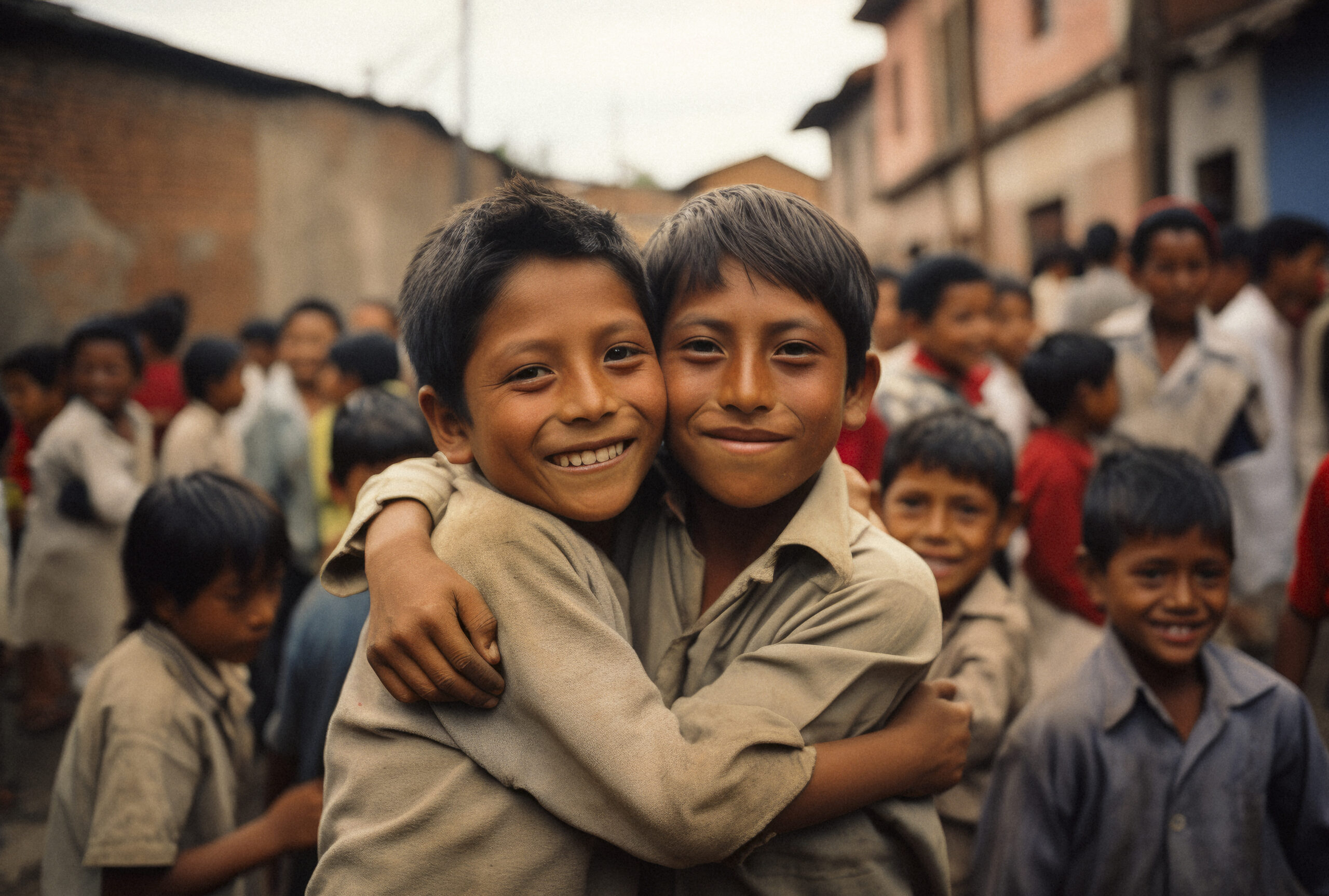 two boys hugging one another in a crowd of people, in the style of mesoamerican influences, rangefinder lens, serene faces, light brown and red, group f/64, villagecore, quadratura --ar 64:43 Job ID: 38c4fe3c-ff69-478c-b6c1-3a50f71883b6